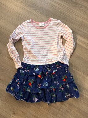 HANNA Andersson girls mixed media tiered DRESS striped floral 120 cm 6 7